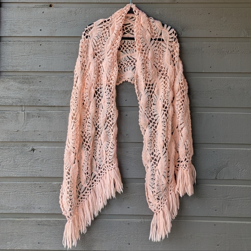 VTG 70s Pastel Coral Orange Open Crochet Fringe Shawl Scarf 68" x 20"